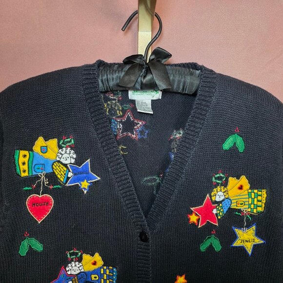 Vtg QUACKER FACTORY Black Cardigan Sweater Holiday Christmas Angels Holly Stars - Picture 4 of 11